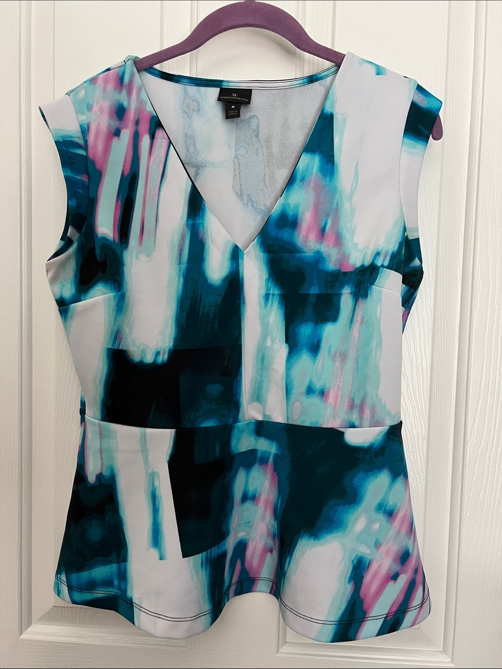 Abstract Print Worthington V-Neck Peplum Top - Blue/Pink